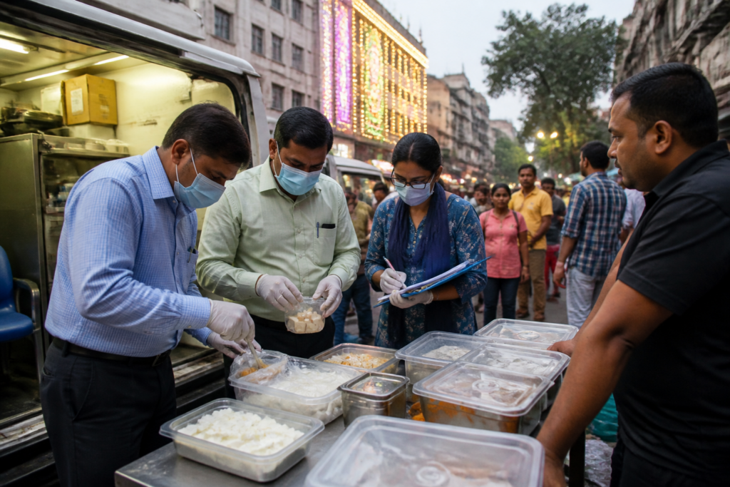 Kolkata food safety officials inspect restaurant food samples in the Park Street area.