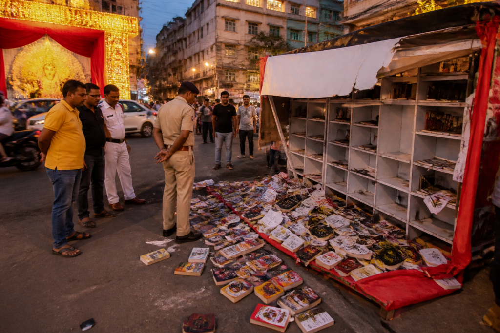 Kolkata bookstall attacked near a Durga Puja pandal, with scattered books on the roadside