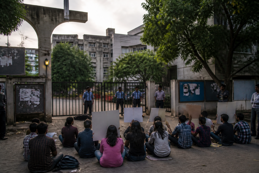 SRFTI student protest outside the institute’s administrative building in Kolkata