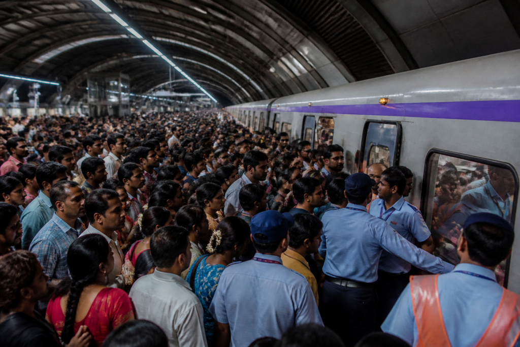 Kolkata Metro passengers crowd a station platform during Durga Puja