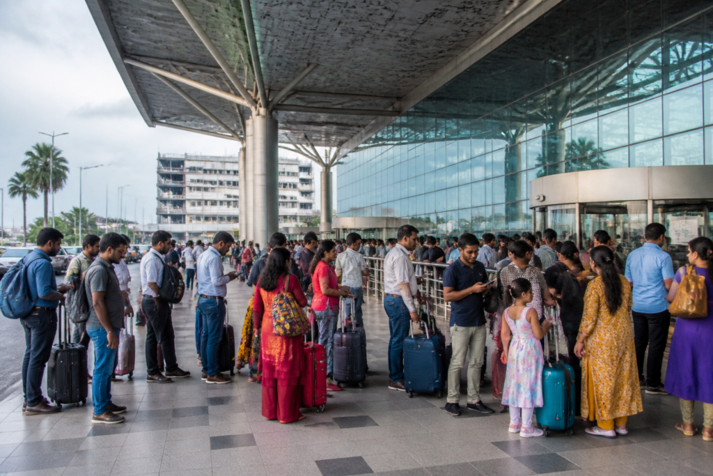 Durga Puja travel fares shown through a crowded airport departure area in Kolkata