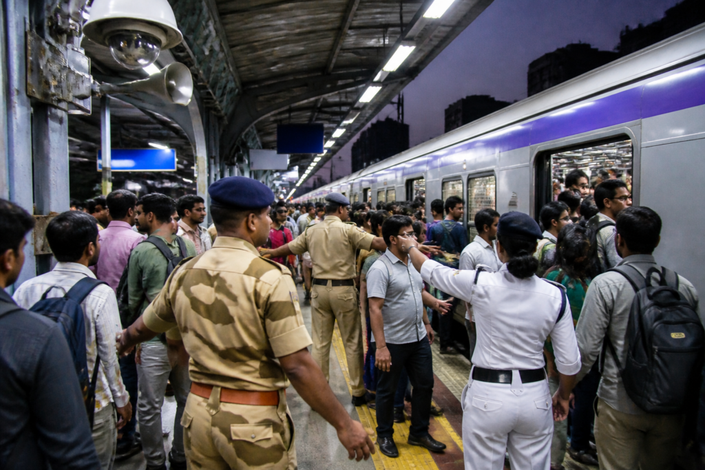 Kolkata Metro security personnel managing commuters at a crowded station during Durga Puja