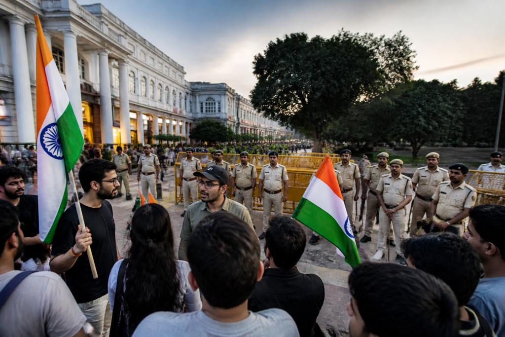 Police-managed Connaught Place protest with demonstrators gathered inside the inner circle in Delhi