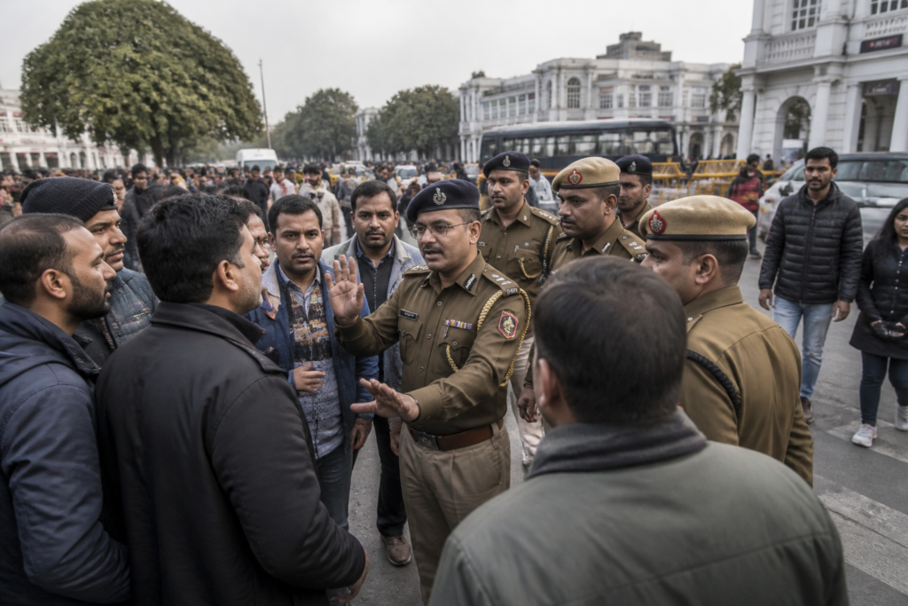 Delhi Police personnel near Connaught Place during a restricted public march