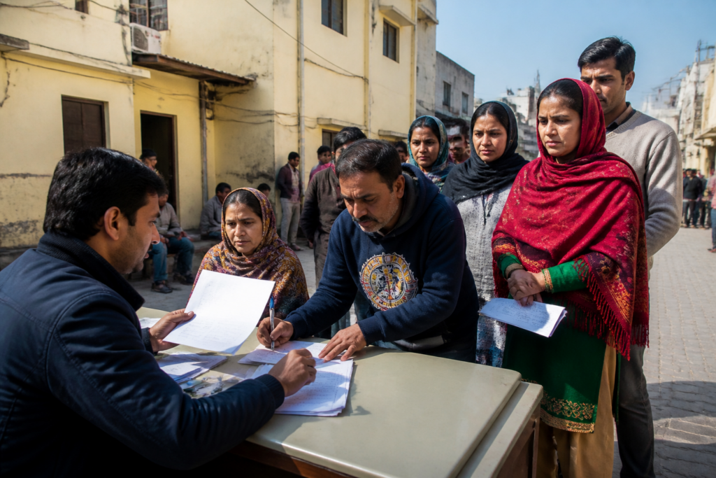 Delhi voter list verification process at a polling booth or civic enrolment camp