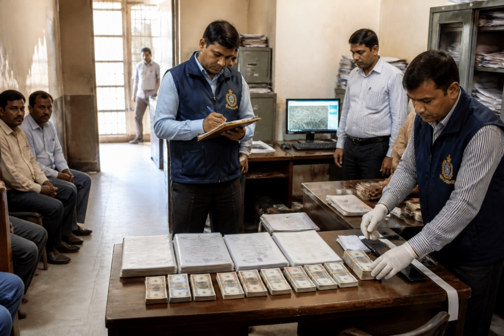 Haryana ACB officials conducting a land records bribery investigation in Palwal