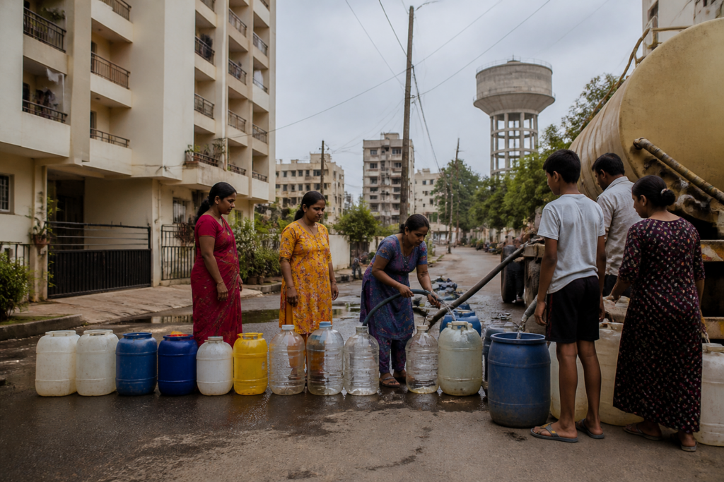 Pune water cuts leave residents waiting at a residential water supply point