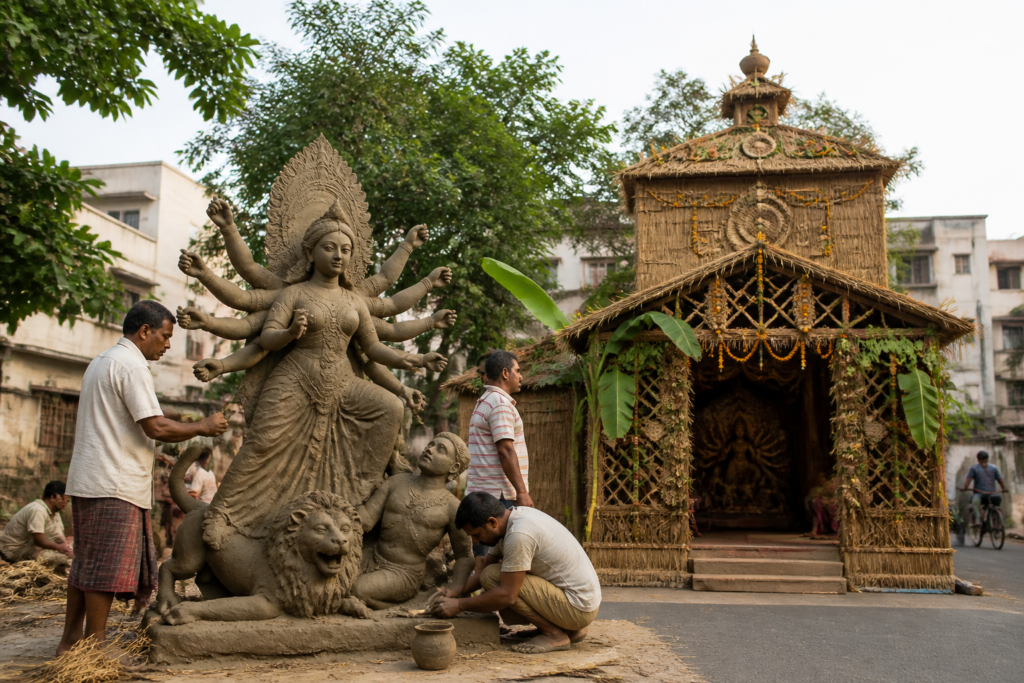 Eco-friendly Durga Puja preparations with a clay idol at a decorated pandal in Rourkela