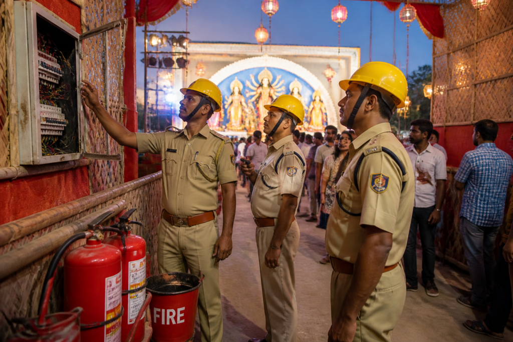Odisha fire safety personnel inspecting a Durga Puja pandal with electrical decorations
