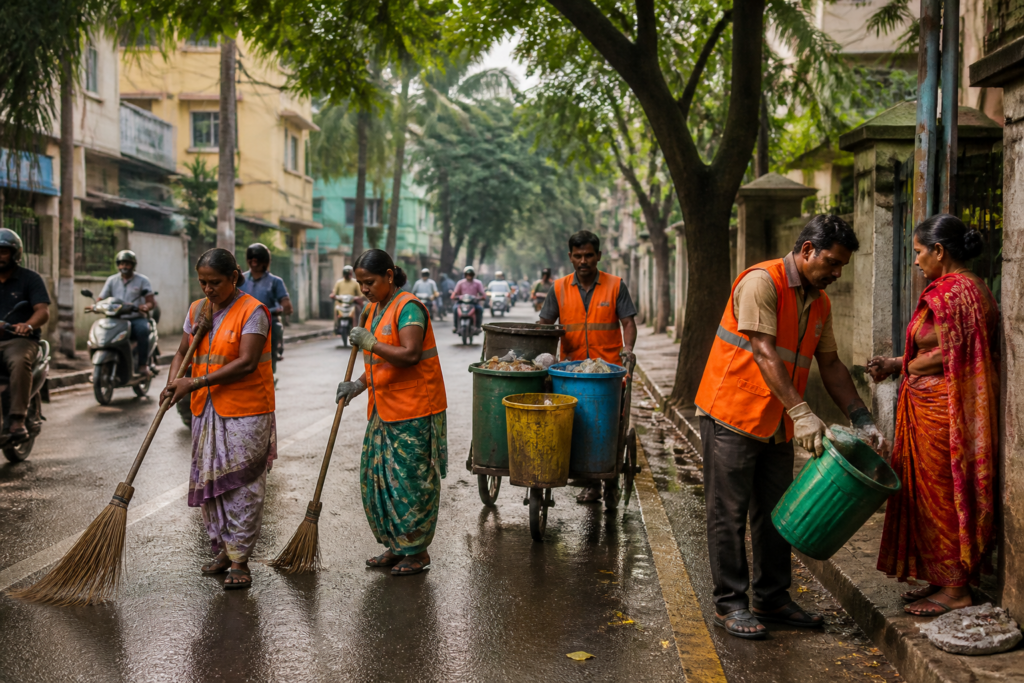 Bhubaneswar sanitation workers carrying out street sweeping and waste collection under BMC services