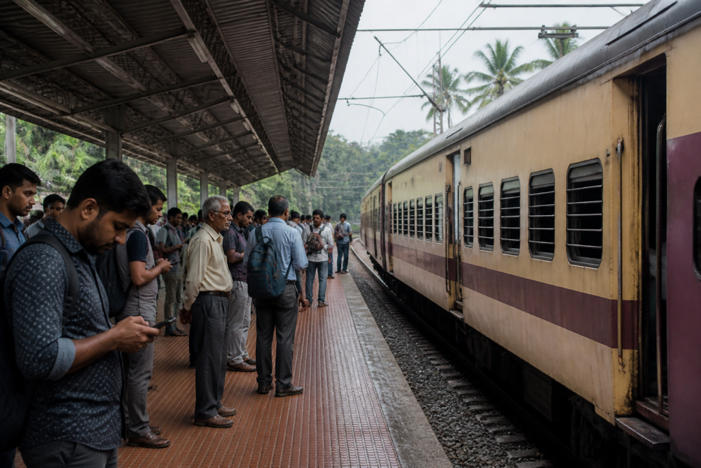 Guruvayur passenger train at a Kerala station during a delayed morning commute