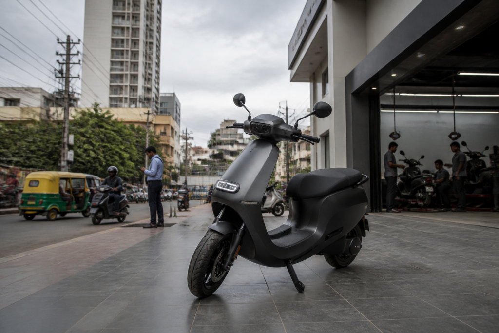 Ola Electric rights issue analysis with an electric scooter outside an urban dealership