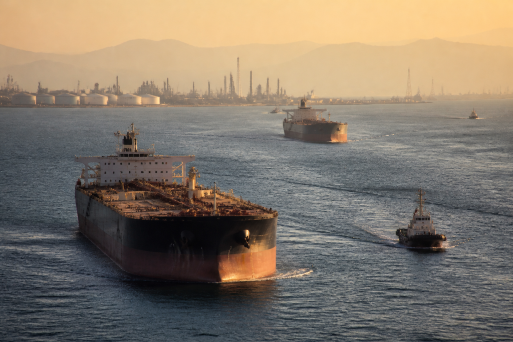 Strait of Hormuz oil tankers sailing past a congested Gulf shipping route
