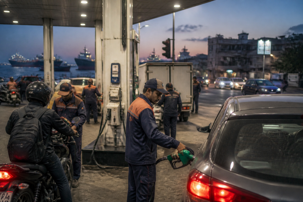 Indian fuel retailers facing higher crude and shipping costs at a busy petrol station