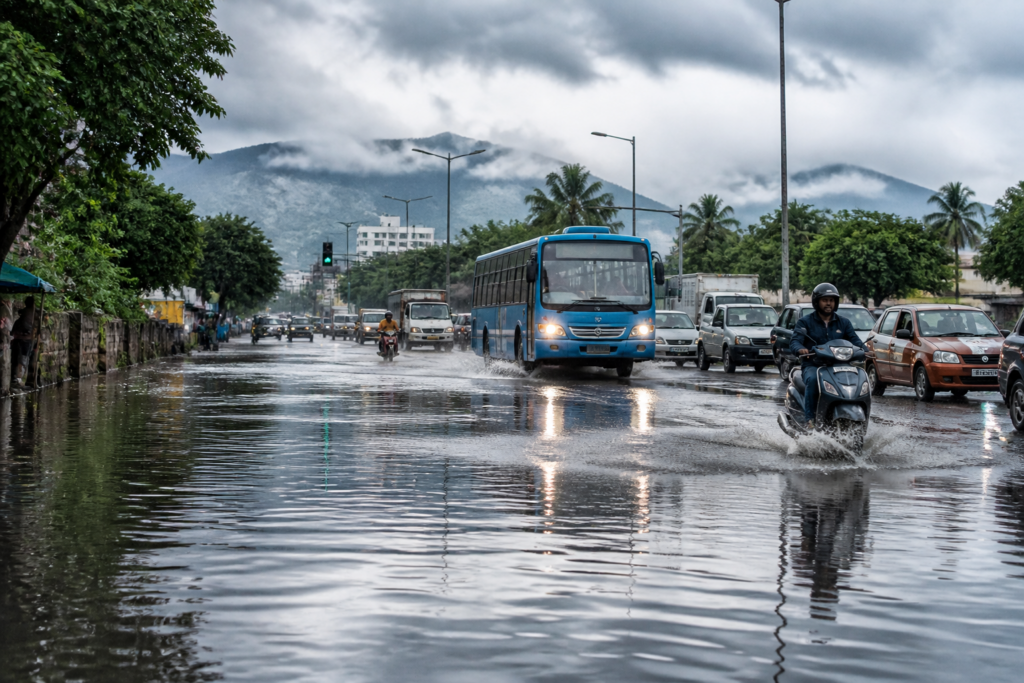 Tamil Nadu rains causing waterlogging on a city road as monsoon clouds gather over the region