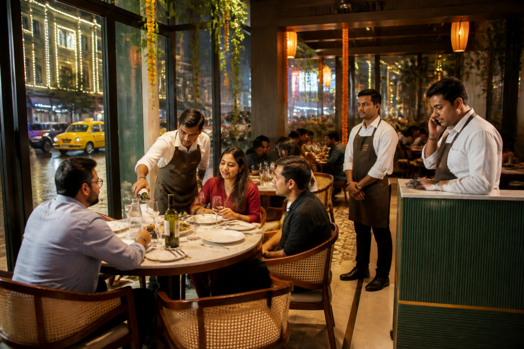 Kolkata restaurant alcohol limit sign at a busy dining venue during puja season