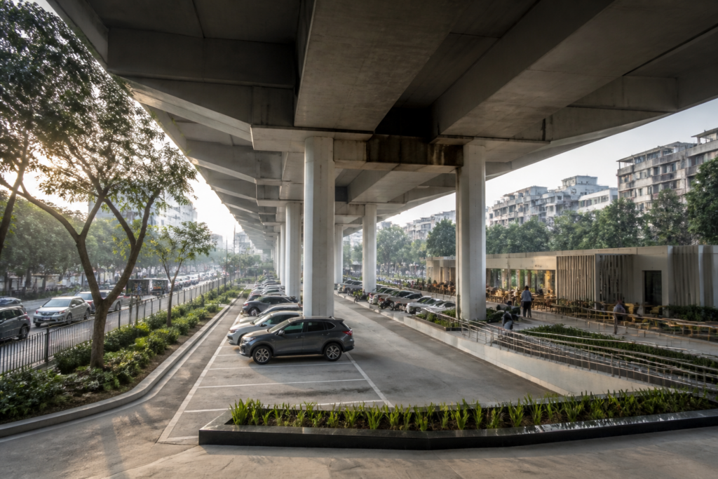 Delhi flyover redevelopment plan showing the space beneath ITO flyover being designed for public utilities