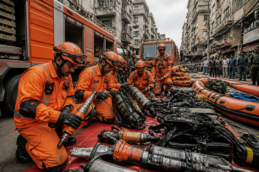 Delhi disaster response force personnel preparing rescue equipment for urban emergencies