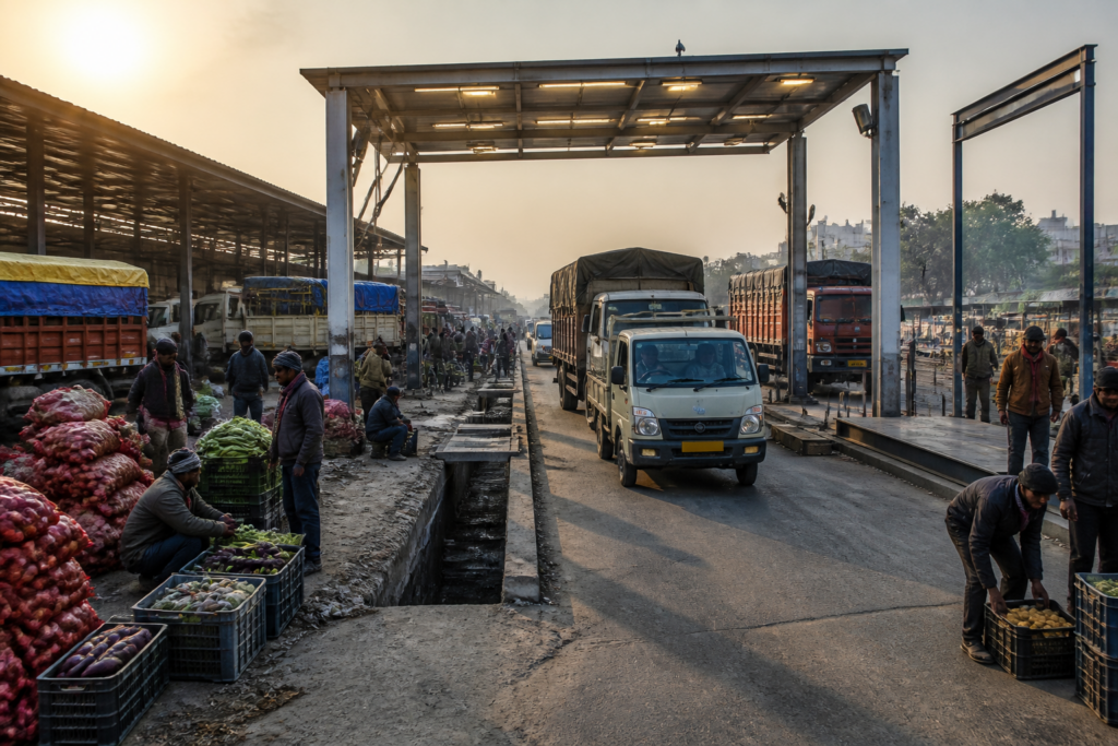 Delhi agri market upgrade showing produce vehicles and repaired market infrastructure