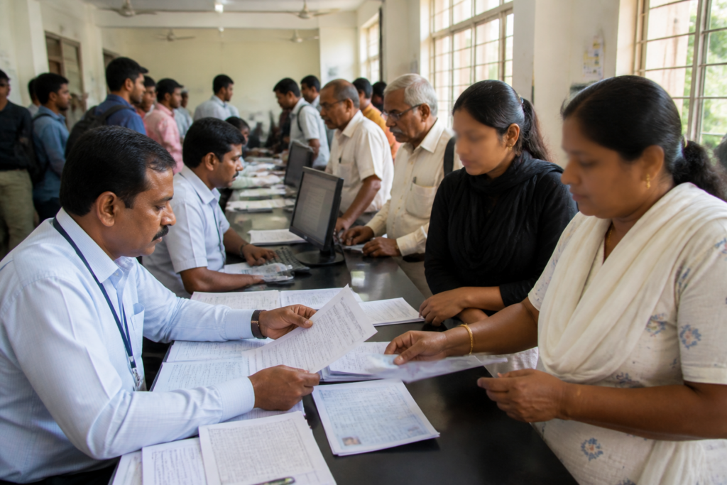 Karnataka electoral rolls and voter registration officials reviewing documents