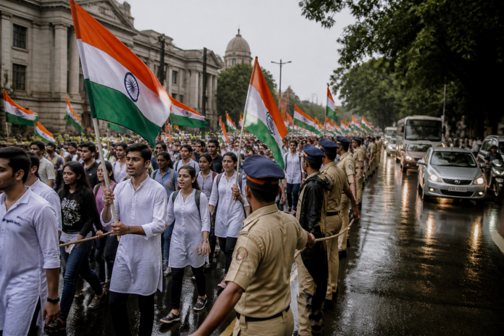 Bengaluru Tiranga March participants walking through rain under police supervision