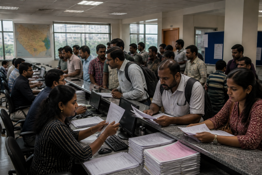 Karnataka voter roll revision documents and voter registration forms at an urban Bengaluru election office