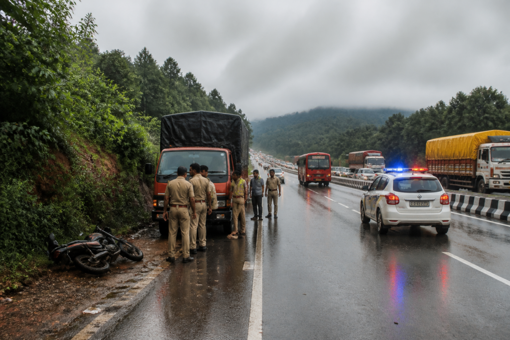 Bengaluru-Bantwal highway traffic near a crash-affected road stretch