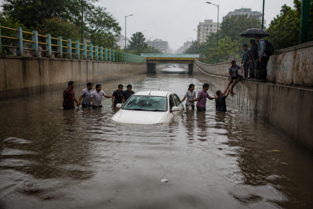 Car stranded in Panathur underbridge waterlogging after rain in Bengaluru