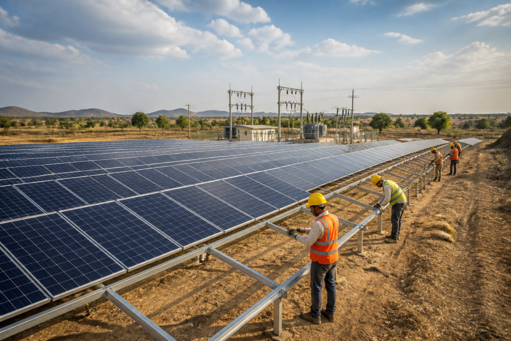 Maharashtra solar EPC order covering ground-mounted solar panels in an agricultural landscape