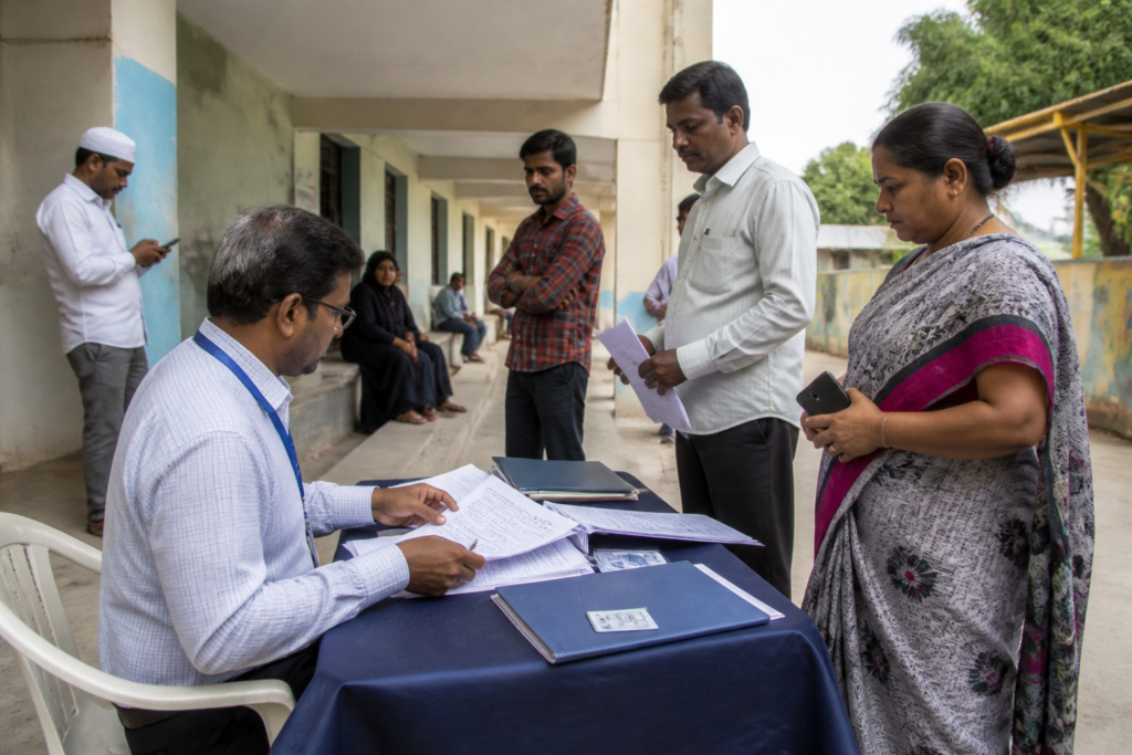 Hyderabad voter enrolment camps at a polling station with election officials assisting residents