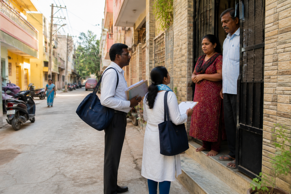 Tamil Nadu census 2027 personnel conducting a household enumeration in an urban neighbourhood
