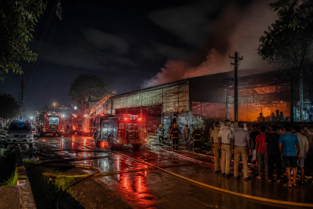 Fire engines responding to the Narendrapur warehouse fire in South 24 Parganas