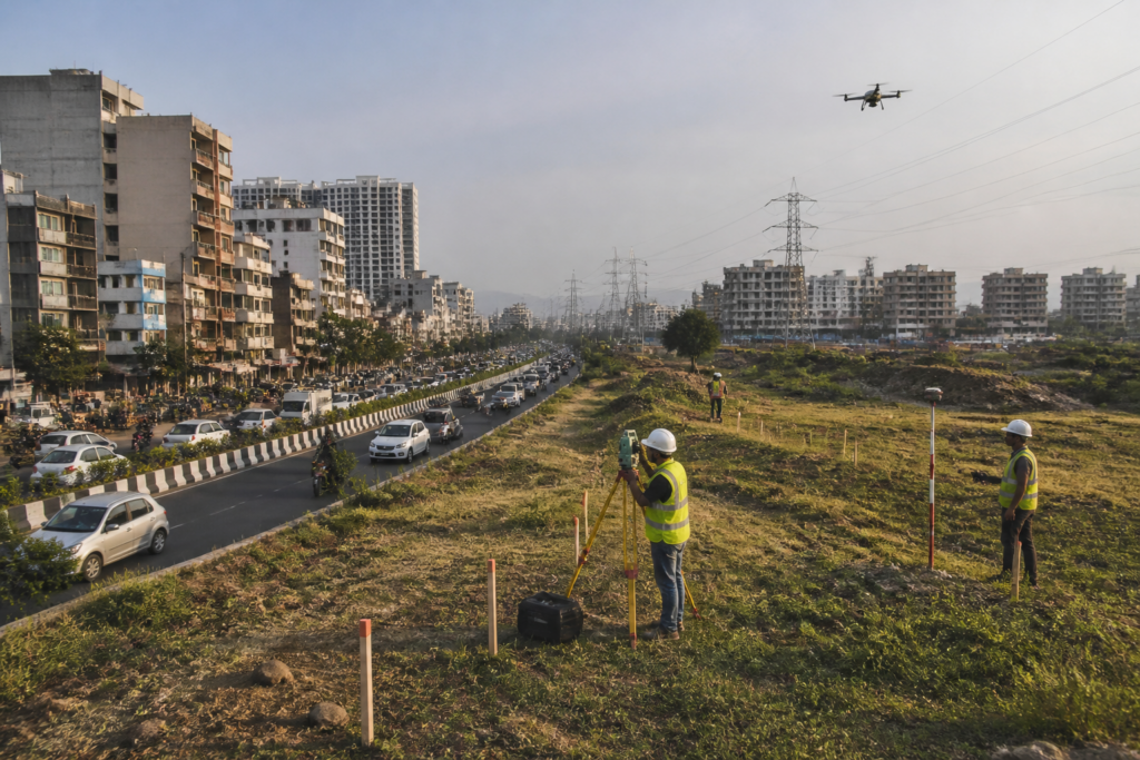 Pune HCMTR route area with urban roads and land marked for infrastructure acquisition