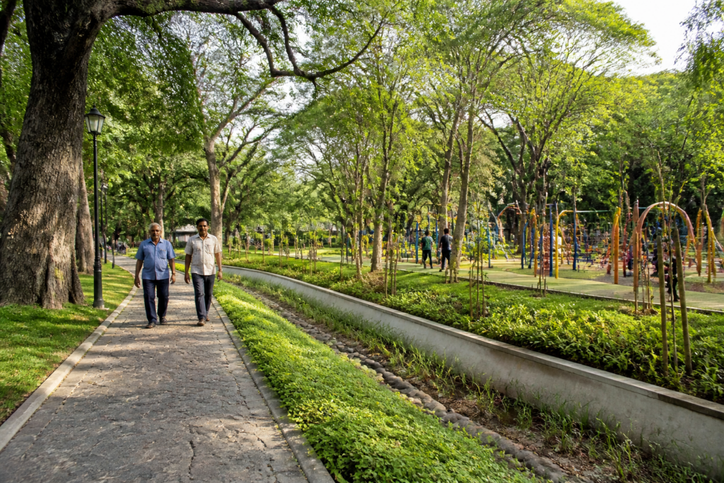 Nageswara Rao Park renovation with a landscaped footpath and greenery in Mylapore, Chennai