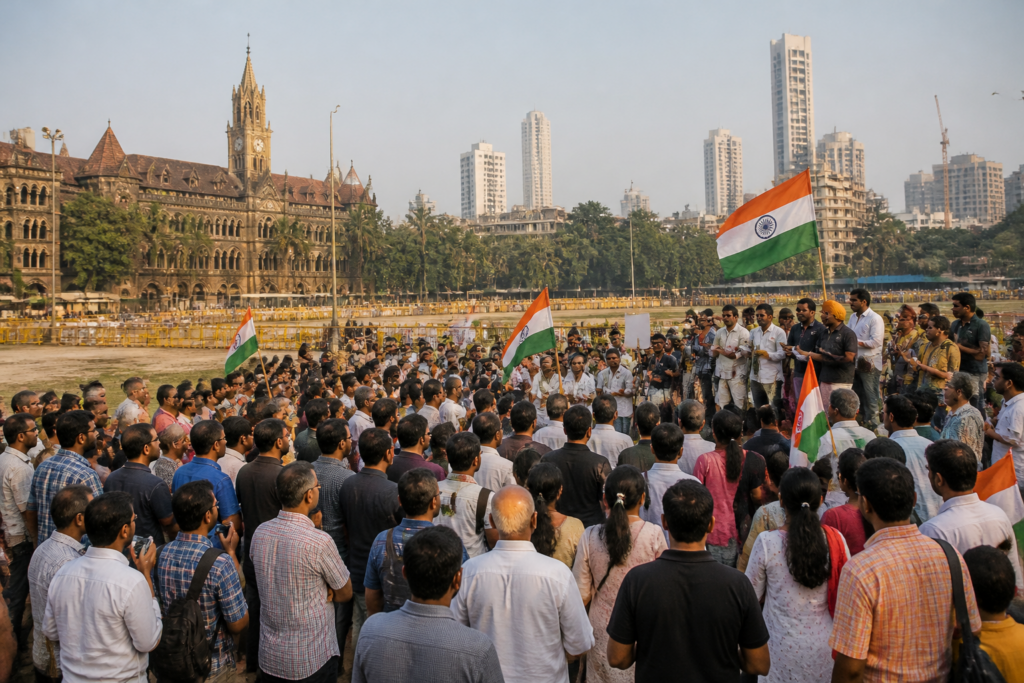 Mumbai protest at Azad Maidan with demonstrators holding the National Flag