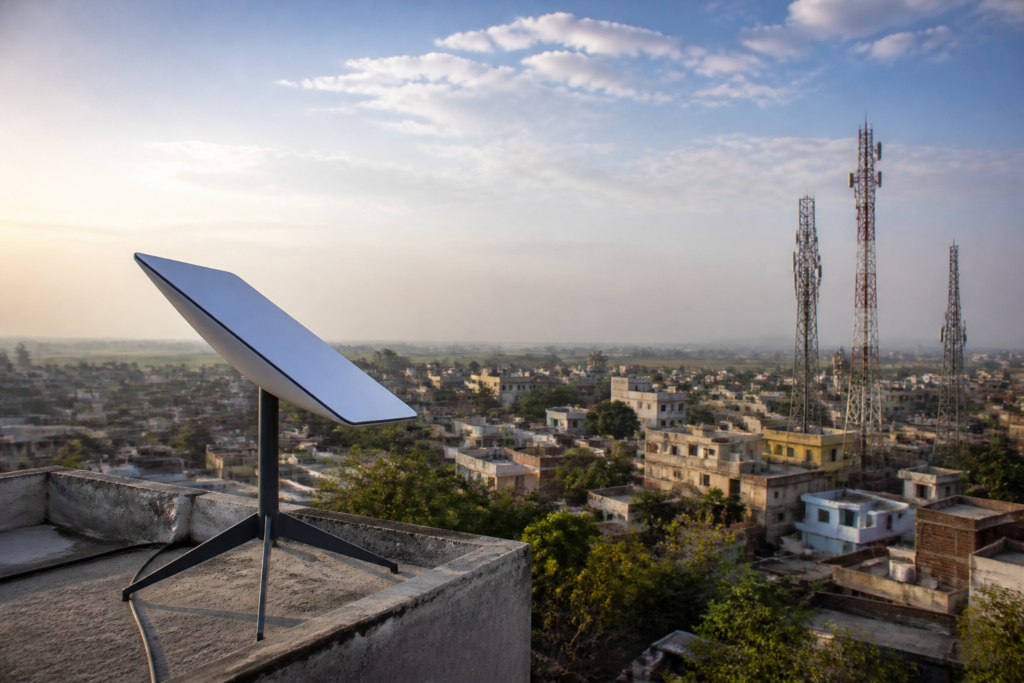 Starlink India entry and satellite broadband infrastructure represented by a communications dish over an Indian town.