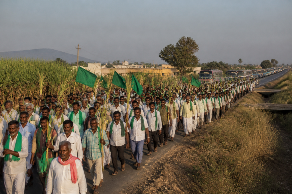 Farmers march in Karnataka during the Hubballi Chalo sugarcane price protest