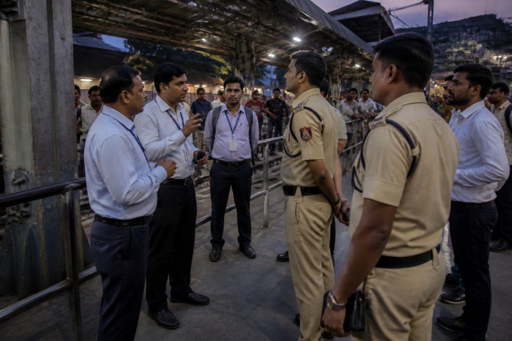 Kandivali railway station ticket-checking area during a tense passenger dispute