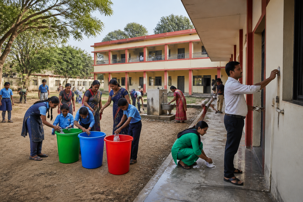 Maharashtra school cleanliness drive with workers cleaning a school campus