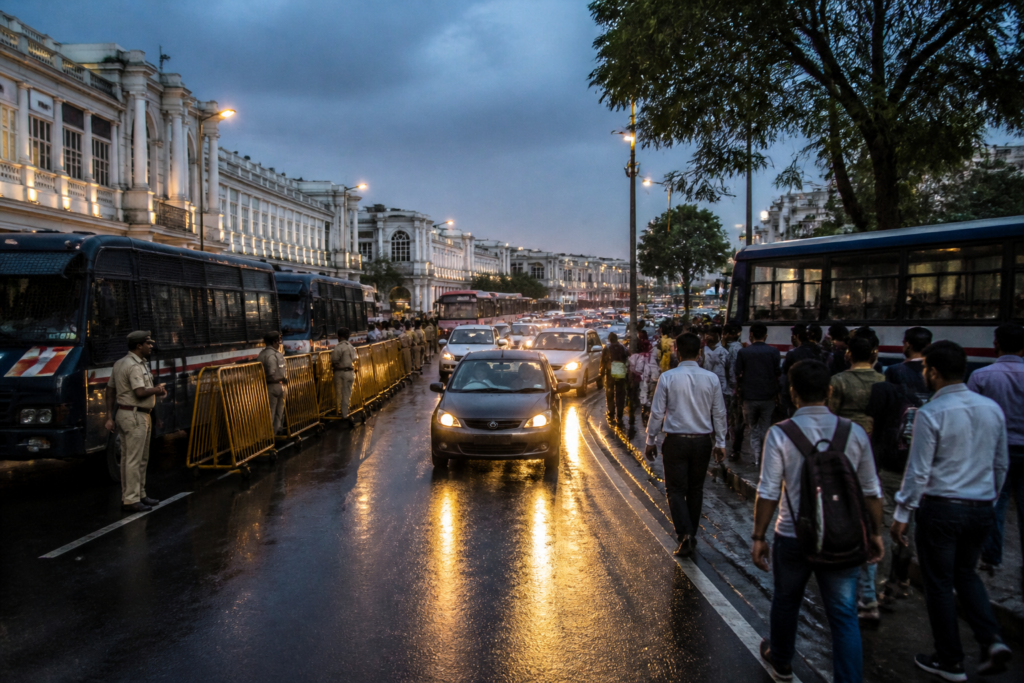 Central Delhi traffic near Connaught Place amid police restrictions and evening congestion