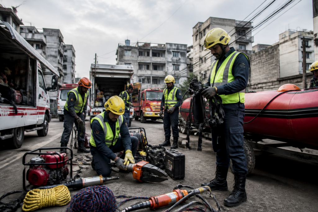 Delhi SDRF personnel preparing rescue equipment for urban disaster response operations