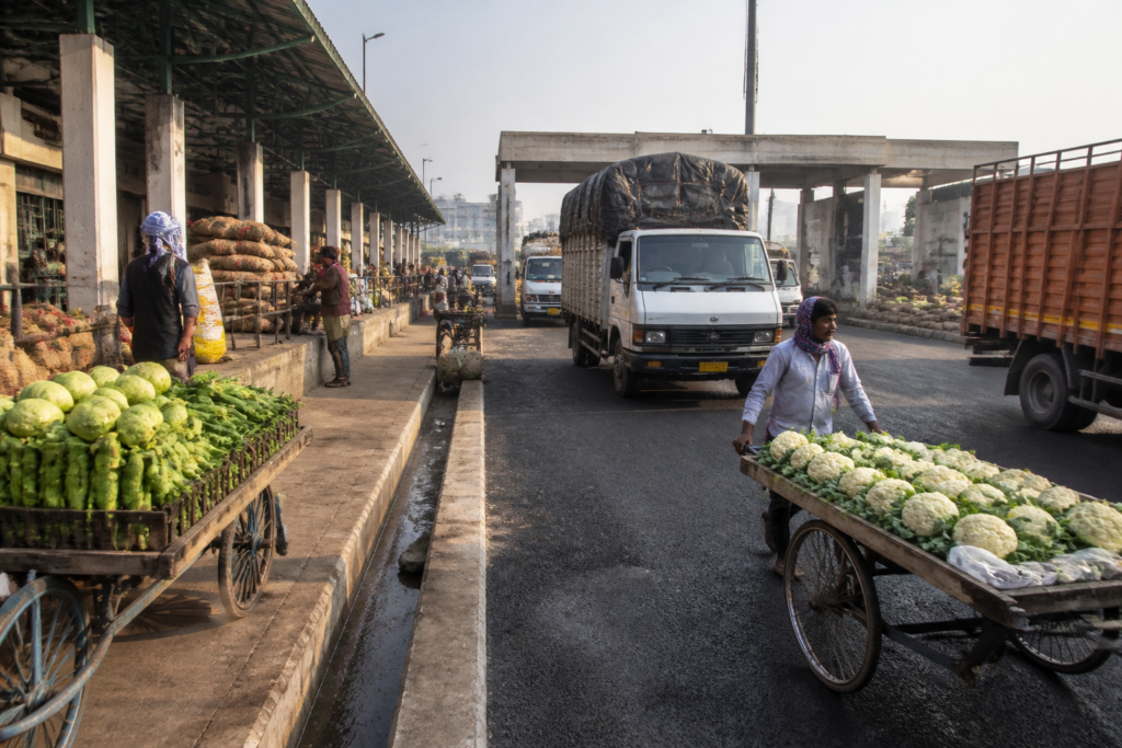 Delhi agri markets with wholesale produce sheds, internal roads and commercial vehicles