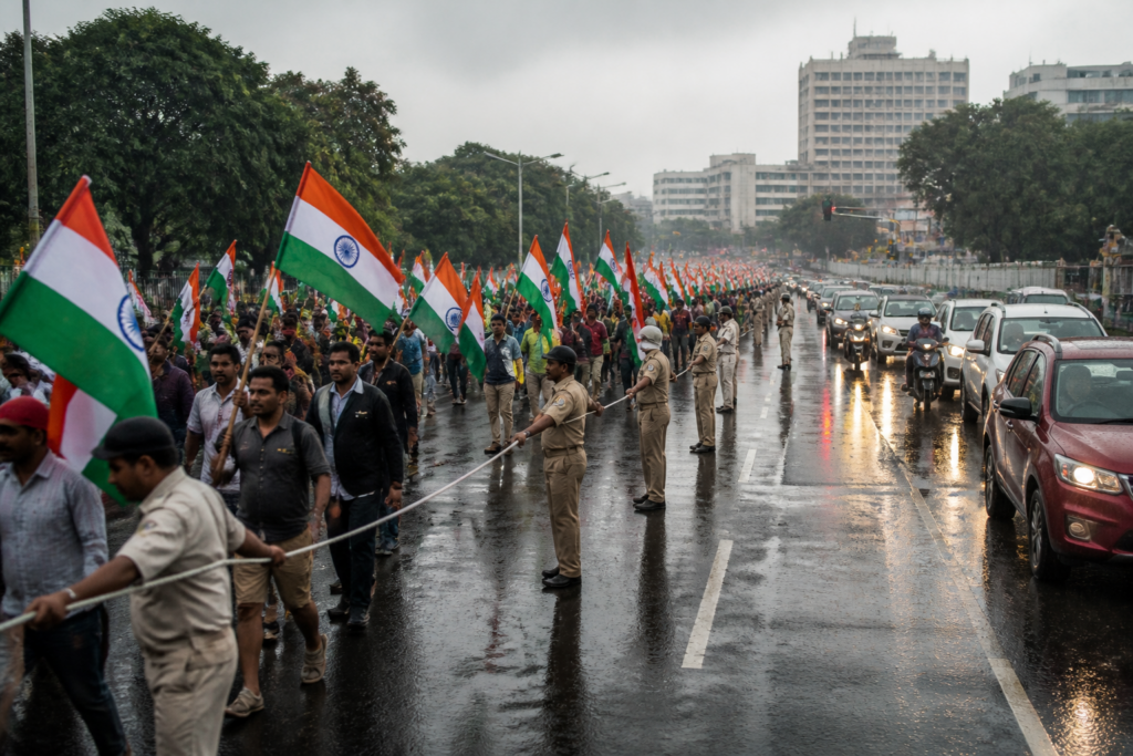 Tiranga march Bengaluru participants walking through central Bengaluru in the rain under police supervision