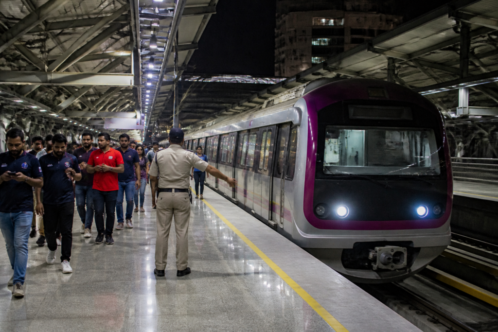 Bengaluru Metro train serving T20 match spectators at night