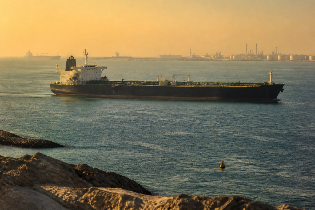 Crude oil prices rise as a tanker moves through a busy Gulf shipping route.