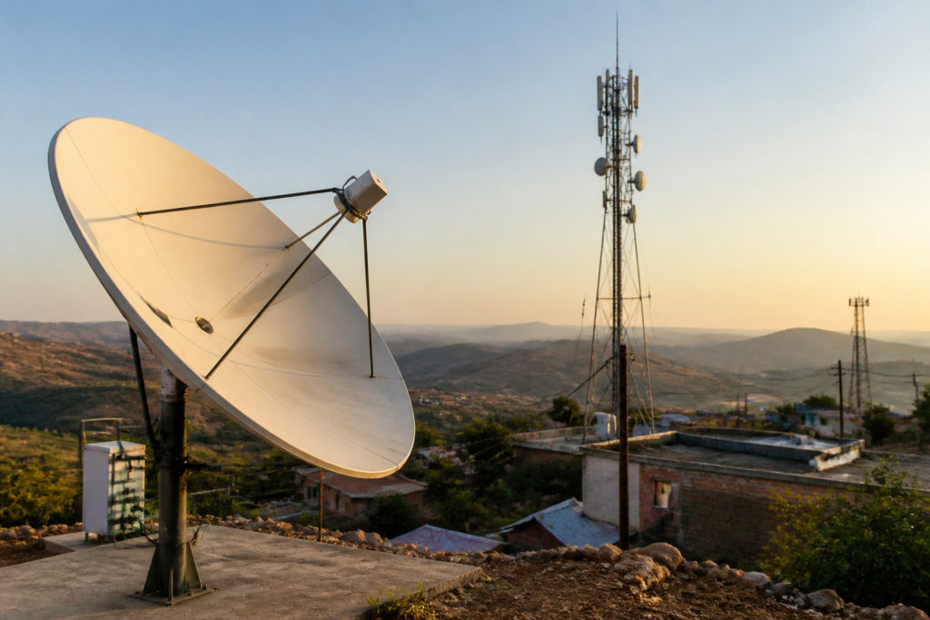 Starlink India satellite communications represented by a dish and telecom towers in a remote Indian landscape