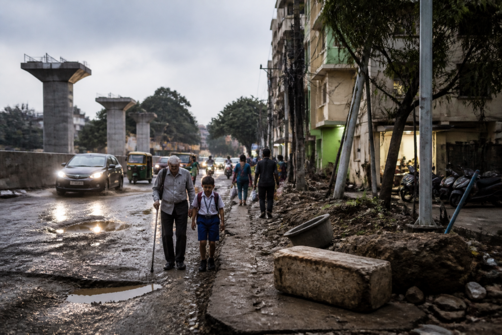 Damaged S K Garden roads with potholes and construction debris beside a busy Bengaluru street