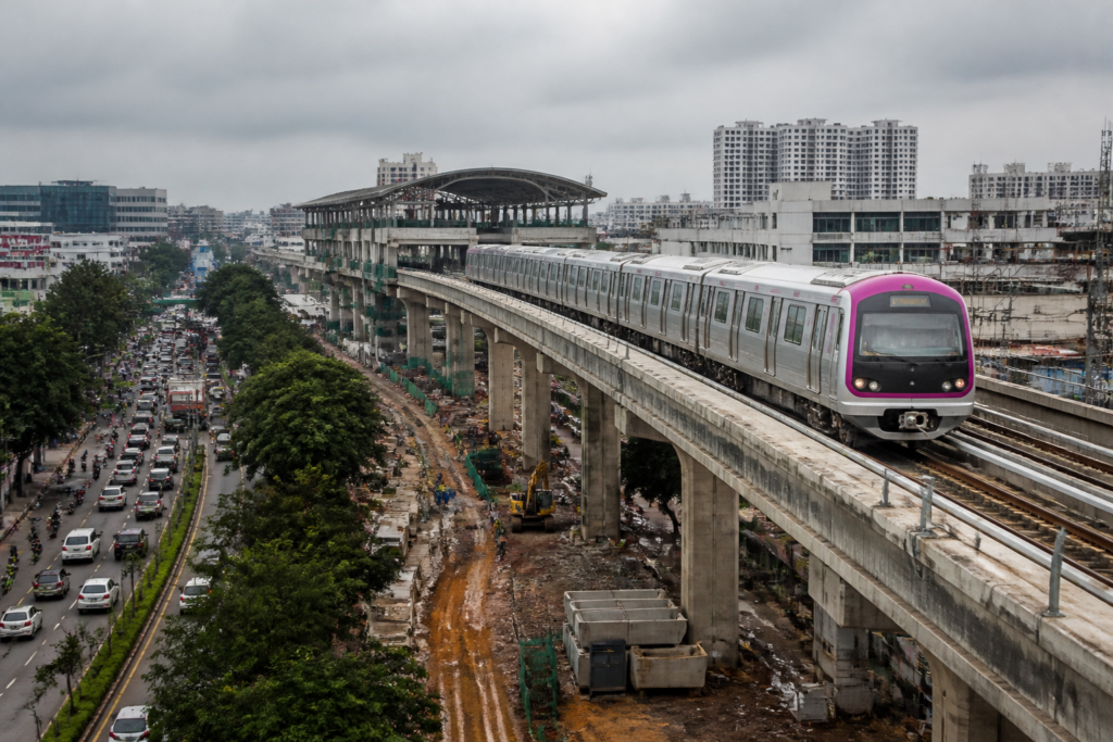 Namma Metro construction and elevated tracks on Bengaluru's Pink and Blue lines
