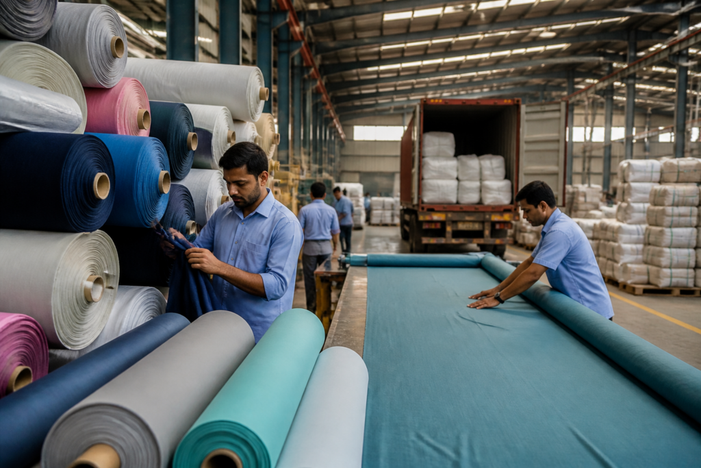 India textile exports represented by stacked fabric rolls in a manufacturing and shipping setting