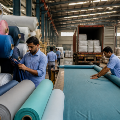 India textile exports represented by stacked fabric rolls in a manufacturing and shipping setting
